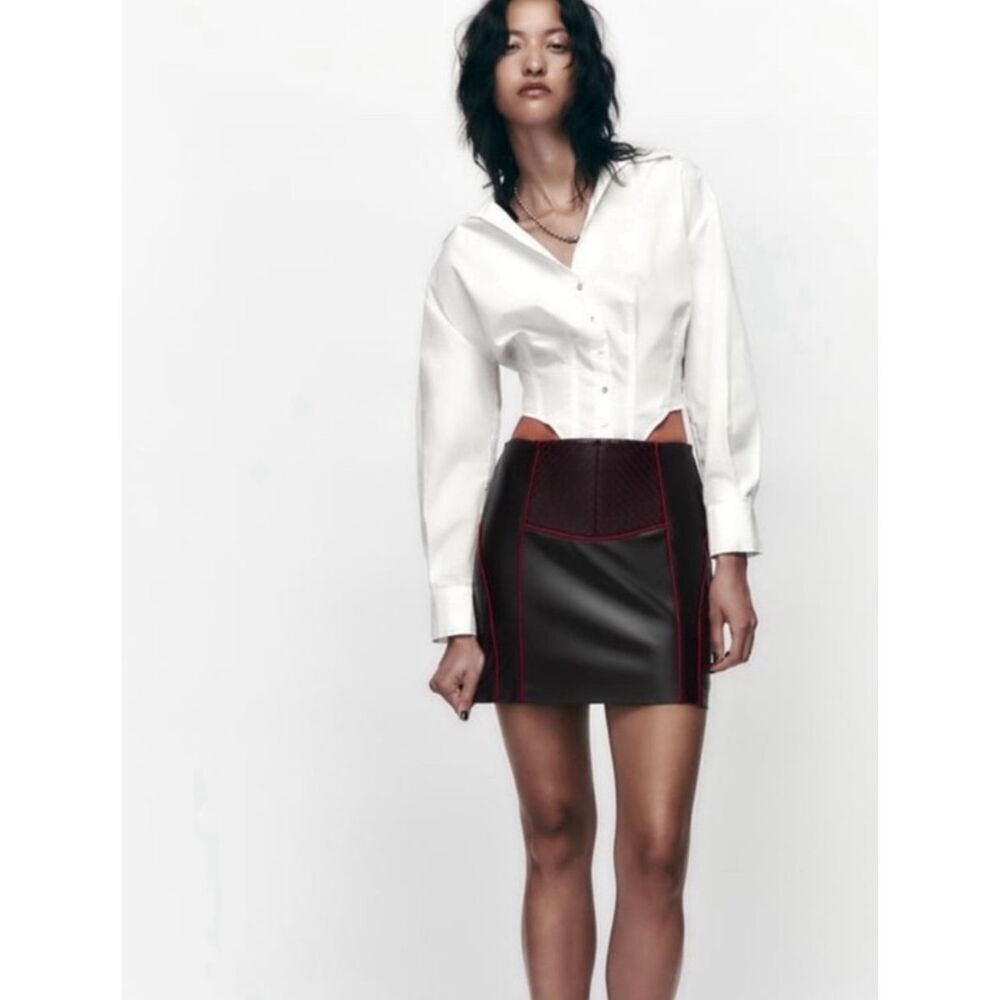 Zara Faux Leather Black and Pink Piping Mini Skirt Size Small